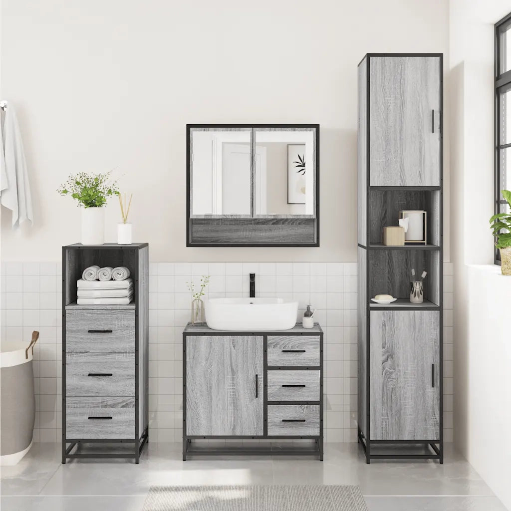 Set Mobili da Bagno | Armadio da bagno 3 pz Grigio Sonoma in Legno Multistrato