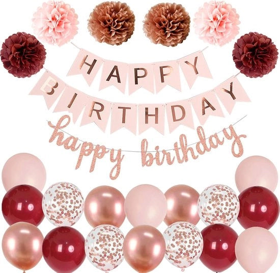 Decorazione di Compleanno Rosé Argento – Palloni, Fiocchi e Slinga di Buon Compleanno – Lussuosa Decorazione per Feste per Donne