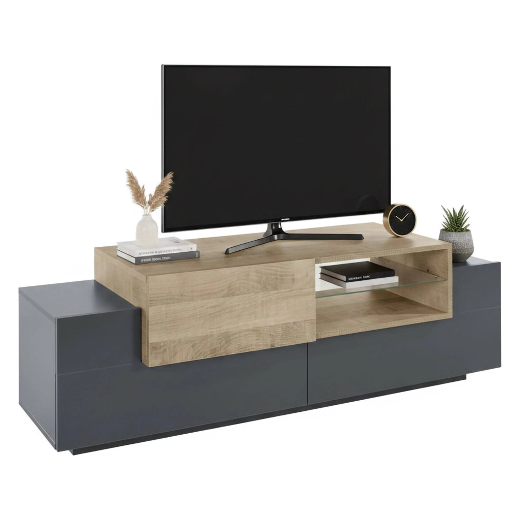 Mobile porta TV Andris, Credenza bassa da soggiorno, Base porta TV, 100% Made in Italy, cm 160x45h51, Antracite e Acero