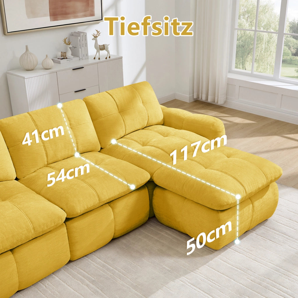 Divano modulare a U in chenille con seduta ampia e profonda senza montaggio per soggiorno giallo 334 × 160 × 68 cm