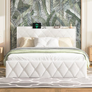 Letto imbottito in velluto bianco con USB, LED e 6 cassetti, 140x200 cm