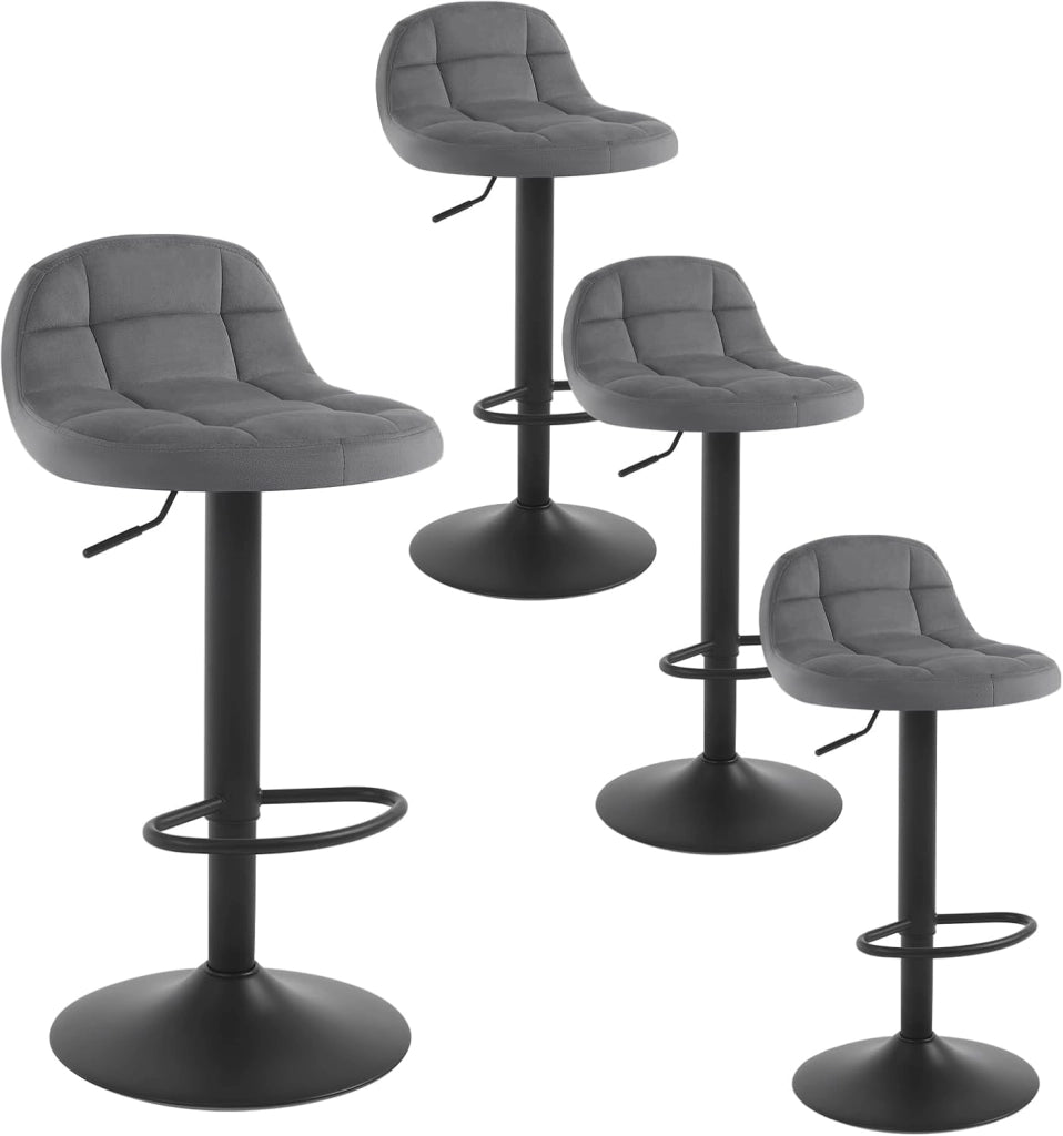 Set di 4 Sgabelli da Bar con Schienale Sedia Alta da Cucina Imbottita Seduta Regolabile in Altezza 60-82cm con Poggiapiedi Girevole a 360° in Velluto, Nero BH317sz-4