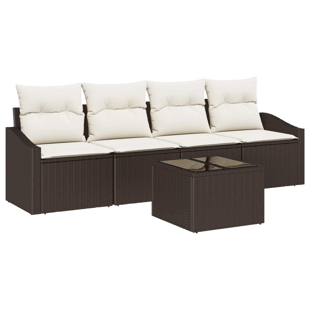 Set Divano da Giardino a 5 pezzi con Cuscini Marrone Polirattan