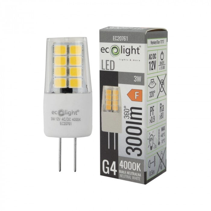 Lampadina LED G4 3W 12V 4000K 300lm anti-sfarfallio Ecolight