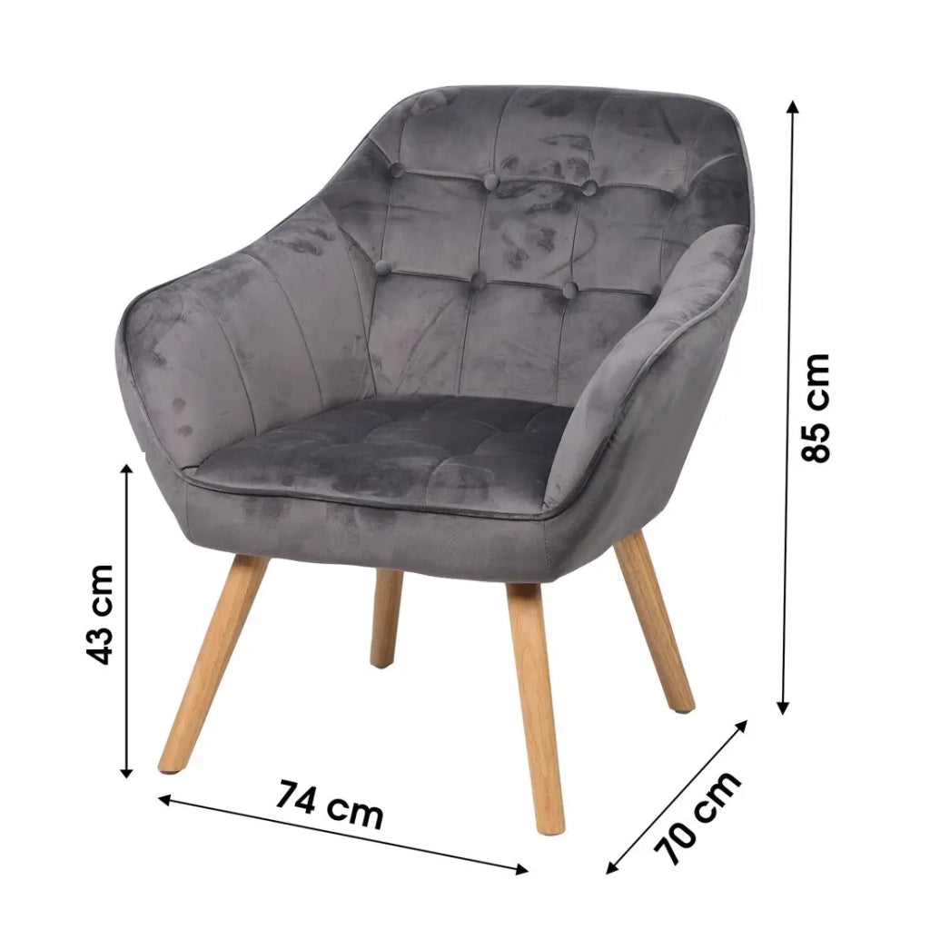 Poltrona in velluto grigio con piedi in legno – 74x70xH85 cm, altezza della seduta 43 cm – Collezione VELUREA