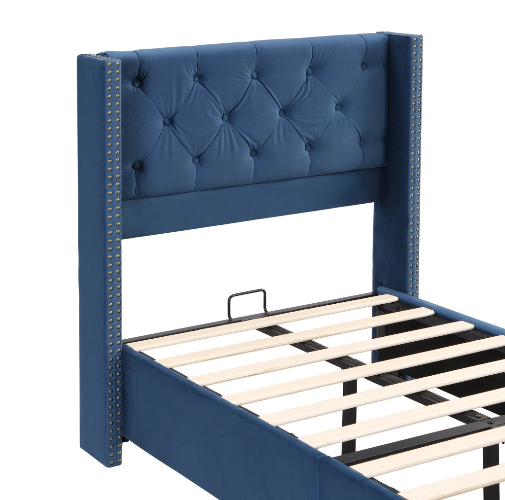 LETTO imbottito 90x200 cm in velluto blu con rete a doghe