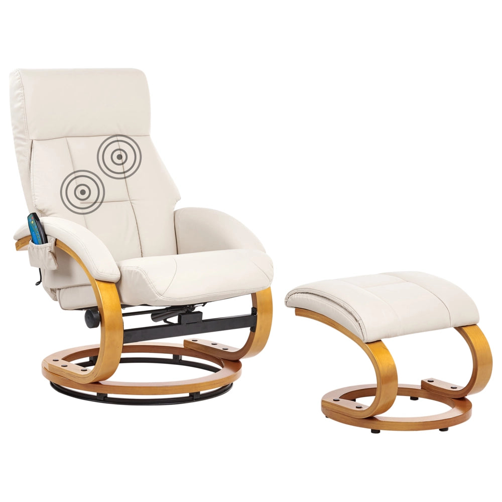 Sedia reclinabile ecopelle beige chiaro con poggiapiedi massaggiante struttura in legno schienale regolabile