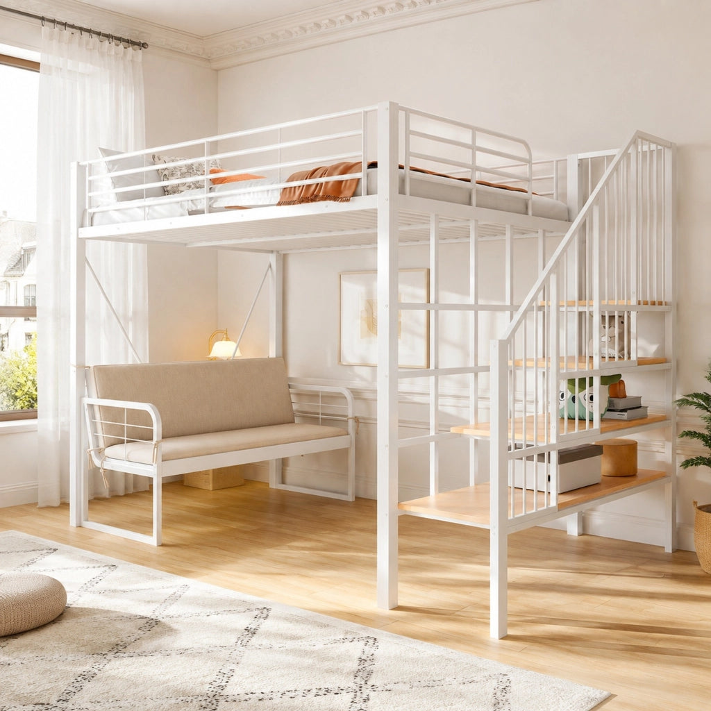 Letto a castello 140x200 cm con divano imbottito e scala contenitore