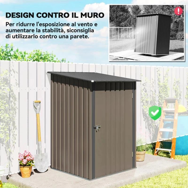 CASETTA DA GIARDINO PORTA ATTREZZI IN ACCIAIO GALVANIZZATO E PORTA, 100X103X160CM, MARRONE