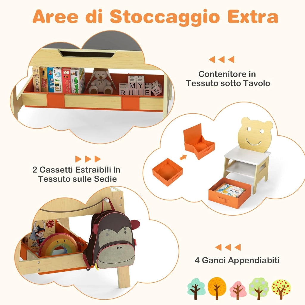 Set Tavolo e 2 Sedie per Bambini, 5 in 1 Tavolino e Sedie con 4 Ganci, 3 Scatole in Tessuto e Lavagna Reversibile per Bambini 3+ Anni per Cameretta Ragazzi (Naturale, Stile 5)