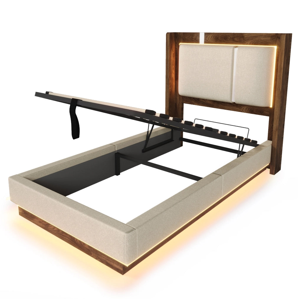 Letto imbottito 209x106x110 cm con LED e contenitore idraulico in lino; legno e metallo beige
