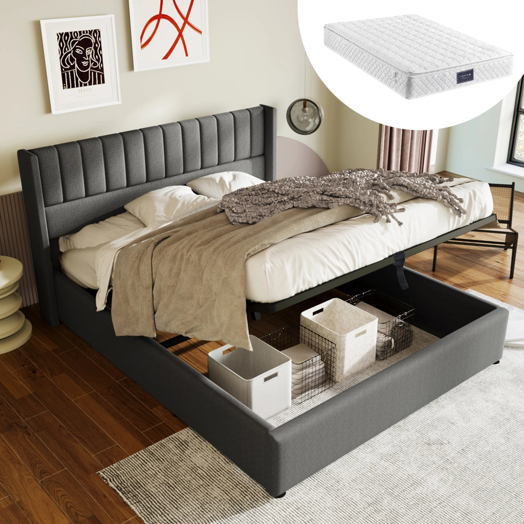 LETTO Contenitore Matrimoniale 160x200 cm in Lino Grigio/Beige
