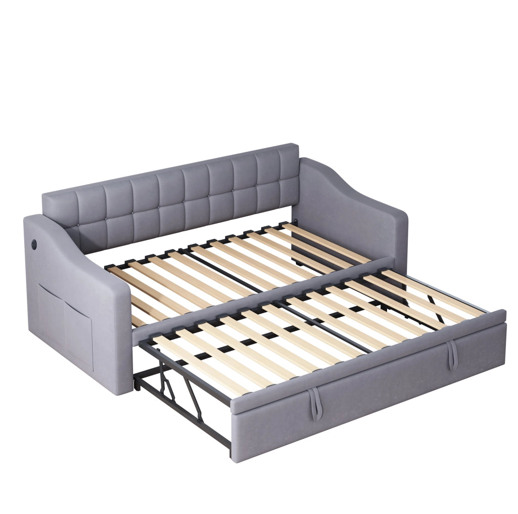 Letto imbottito estraibile 90x190 cm in velluto grigio con porte USB