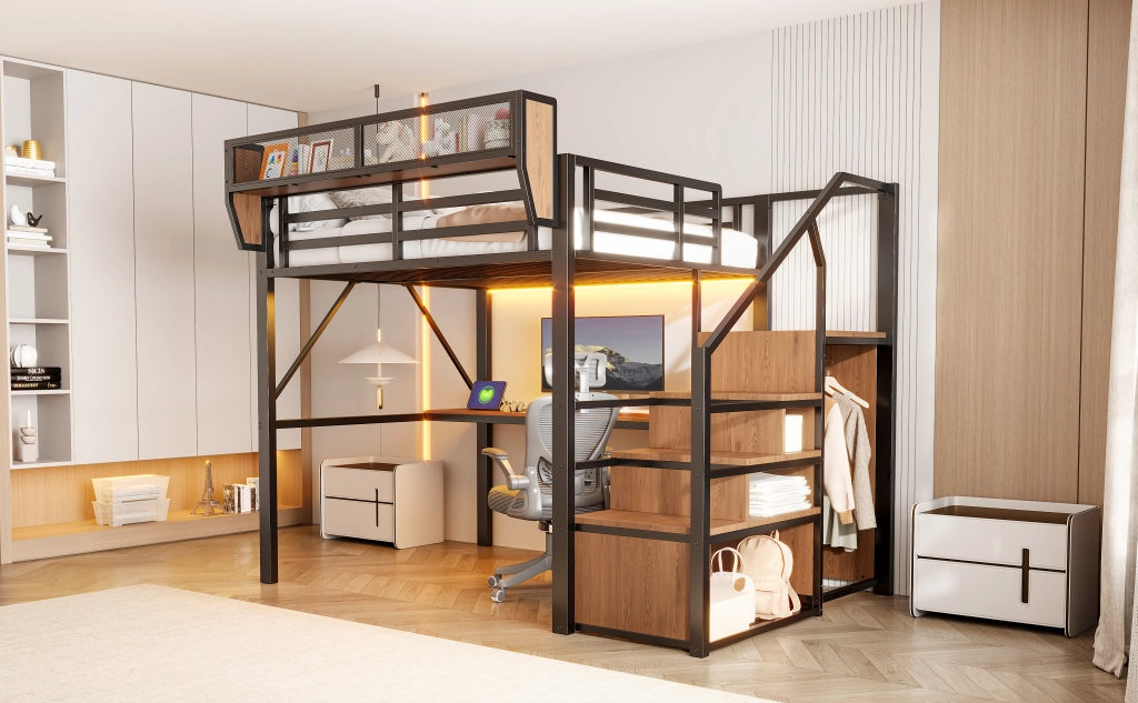 Letto a soppalco 140 × 200 cm con scrivania lunga, LED, scaffale regolabile et scala di sicurezza, senza materasso