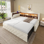 Divano letto estraibile 90x190 cm in velluto beige con LED; USB e Type-C