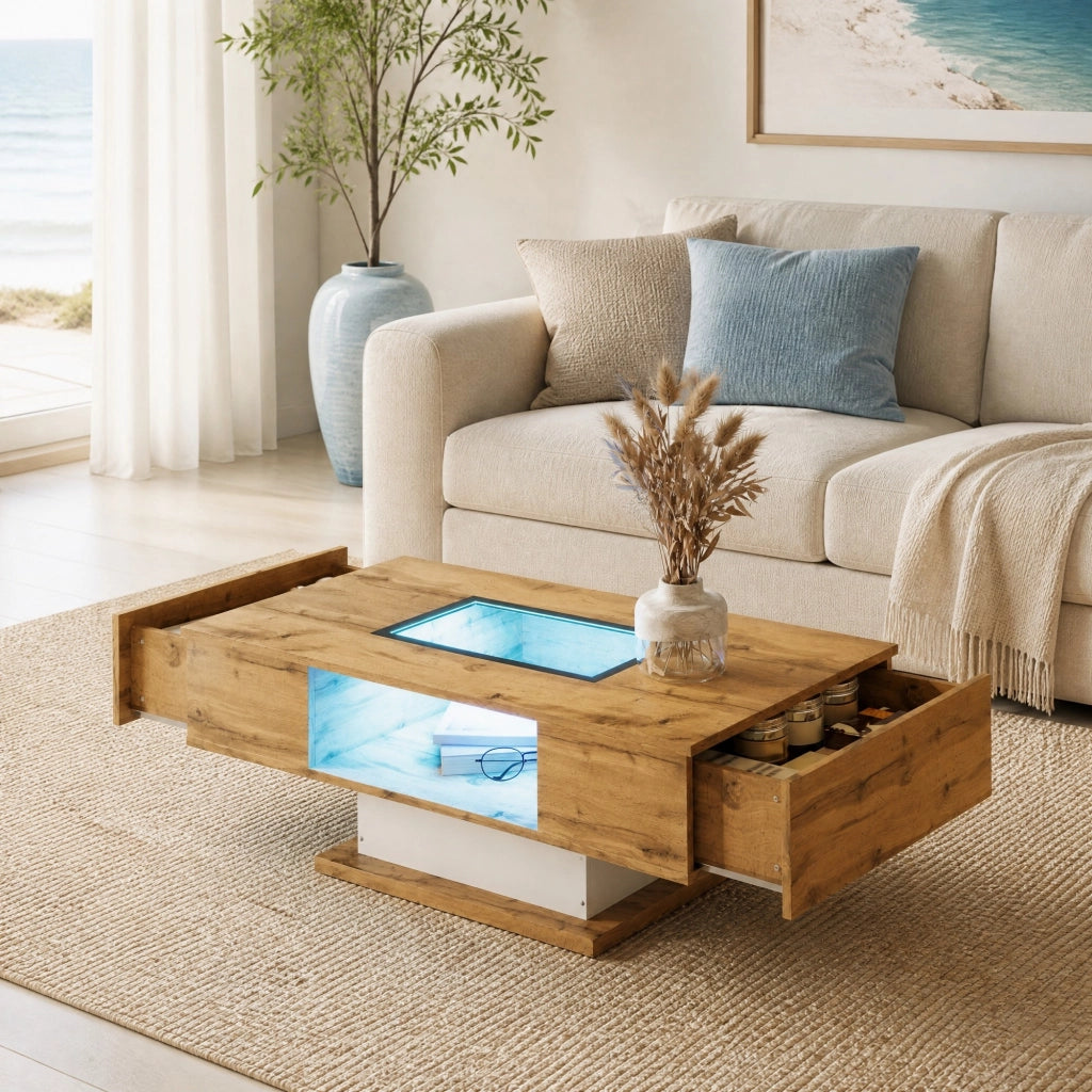 Tavolino da salotto con LED controllabile da app; piano in vetro; 110;2x60x39;7 cm; bianco e legno
