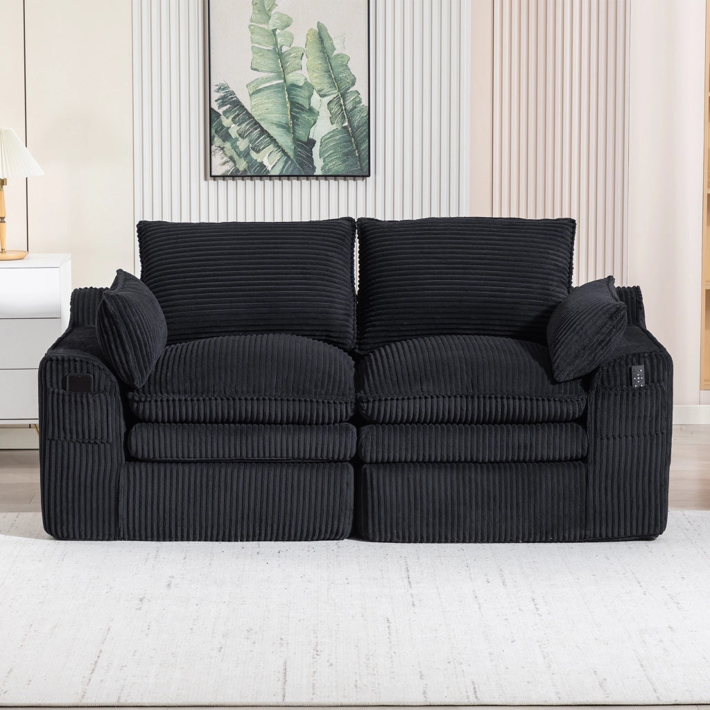 Divano a 2 posti in velluto a coste con cuscini e tasche laterali, schiuma a 3 strati, nero 191 × 94 × 85 cm