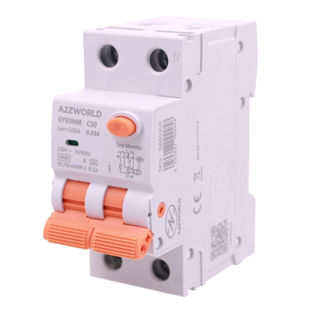 RCBO Doppia Leva, Interruttore Magnetotermico Differenziale Tipo A Curva C 1P+N 2M 6000A 30mA AC 230V IP20 IEC61009-1 GYR9NM, Disponibili 40A 50A 63A (C50A)