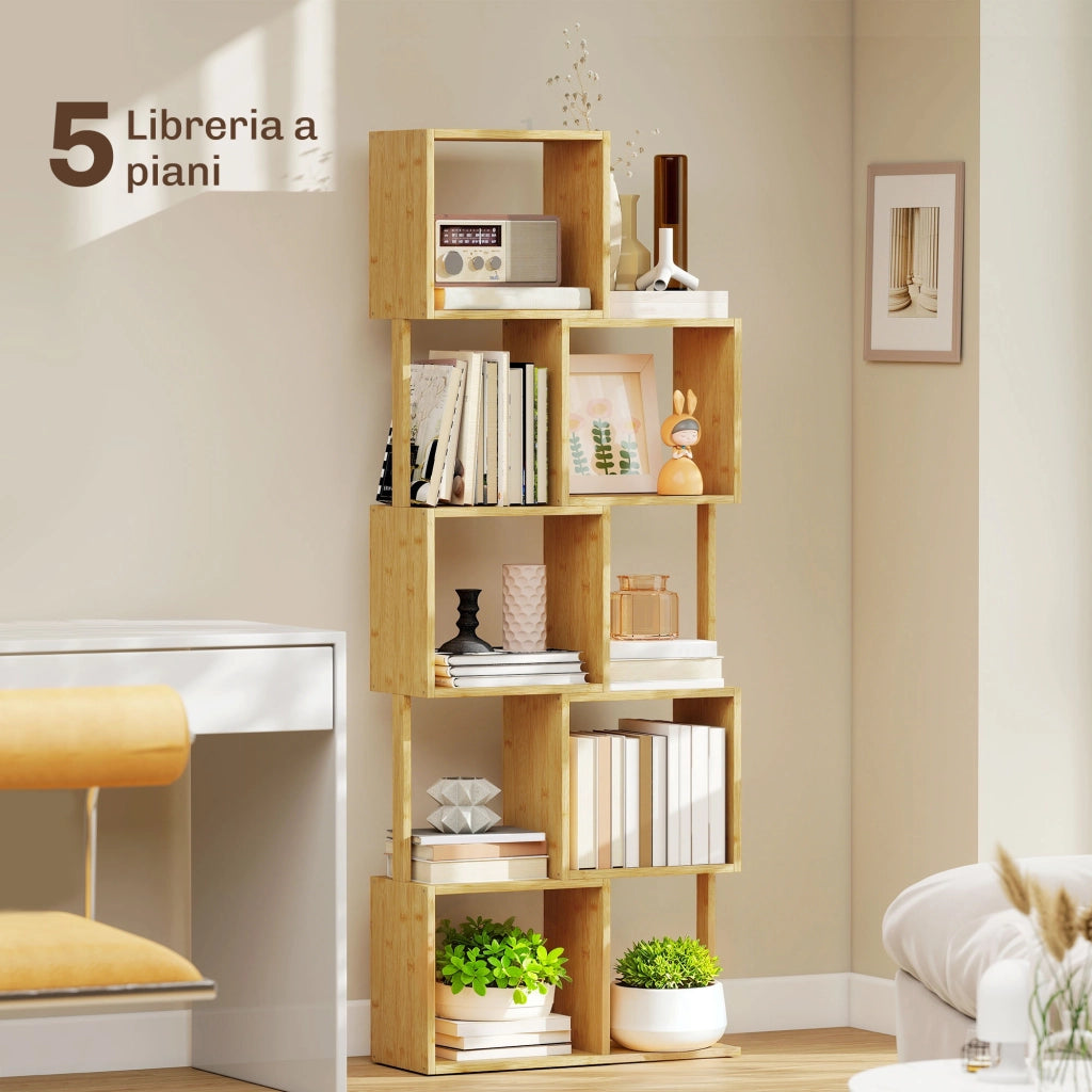 Libreria Moderna Asimmetrica a 5 Livelli in Bamb¨´, 62.5 x 23 x 165 cm, Colore Legno Naturale
