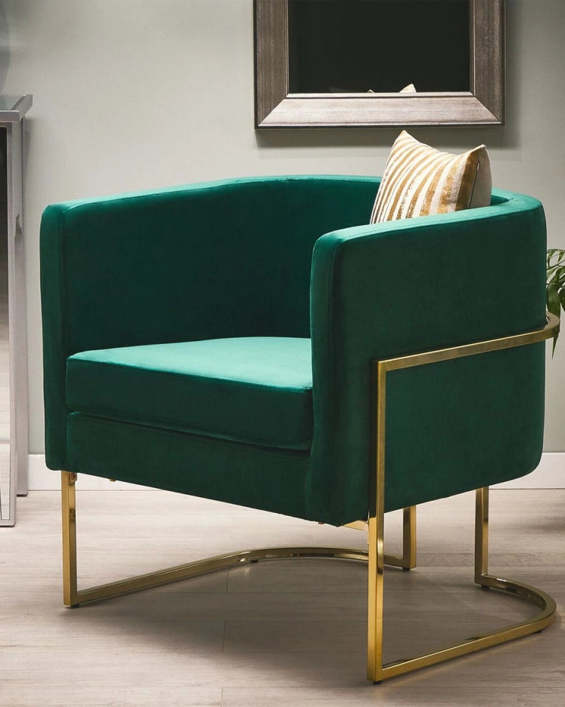 Poltrona Velluto Verde Scuro Struttura In Metallo Dorato Con Schienale Tondo Stile Glam