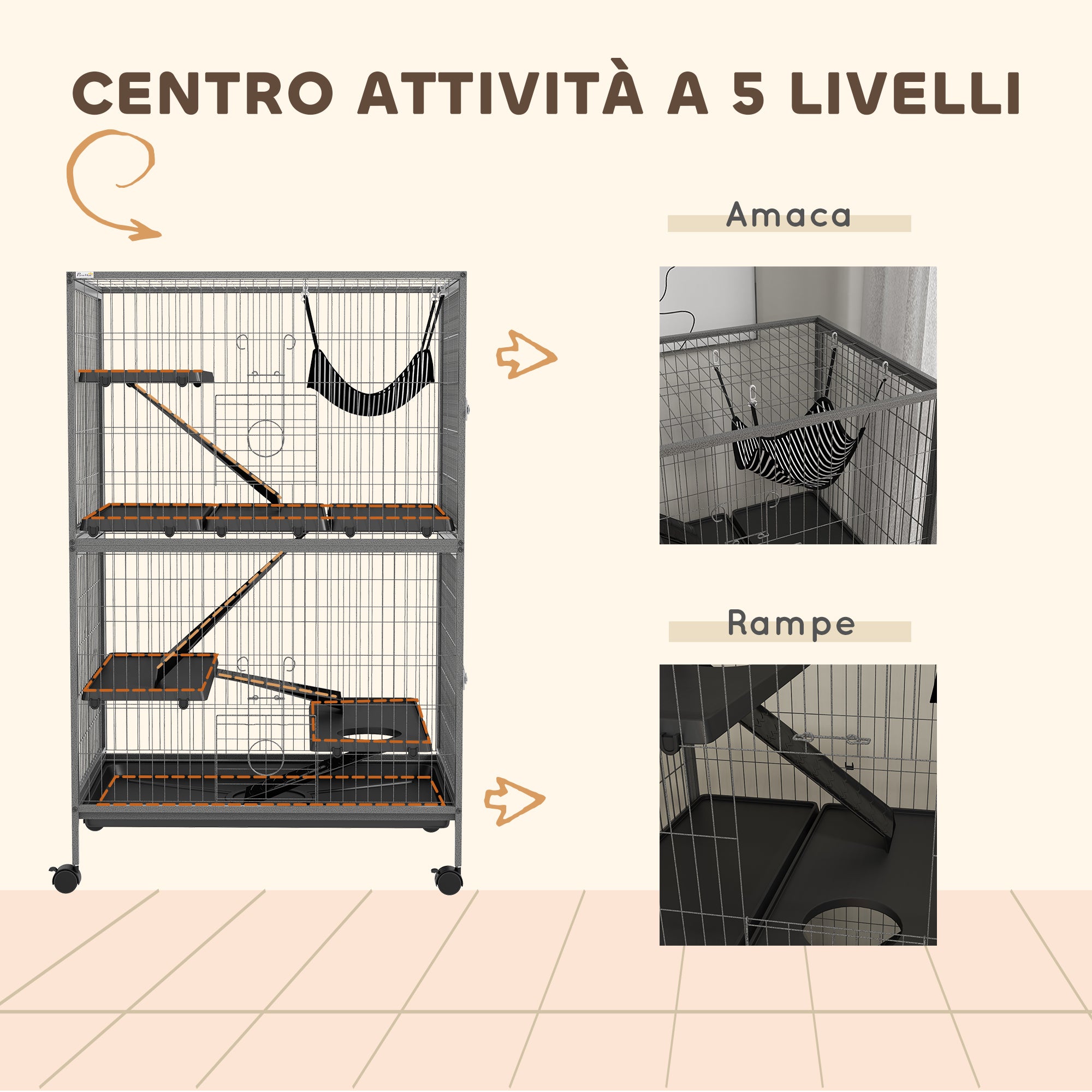 Gabbia per Roditori 80x52x128 cm con 4 Ingressi a Livelli Multipli in Metallo e PP Grigio