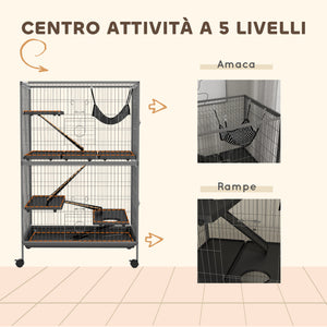 Gabbia per Roditori 80x52x128 cm con 4 Ingressi a Livelli Multipli in Metallo e PP Grigio