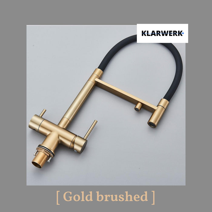 Lana | Rubinetto allungabile nero oro a 3 vie |Miscelatore cucina per acqua potabile in acciaio inossidabile - Girevole a 360° | Filtra 3 connessioni