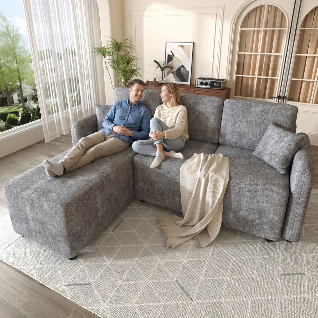 Divano angolare a L a 3 posti con area relax e 2 cuscini in ciniglia con struttura in legno massello grigio