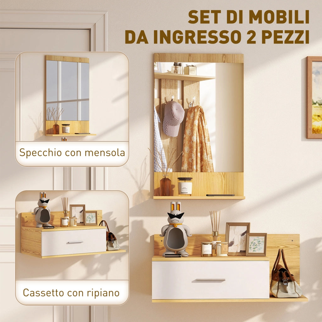 Set Mobili da Ingresso con Specchio Mensola e Mobiletto a Parete in Legno e Vetro Naturale