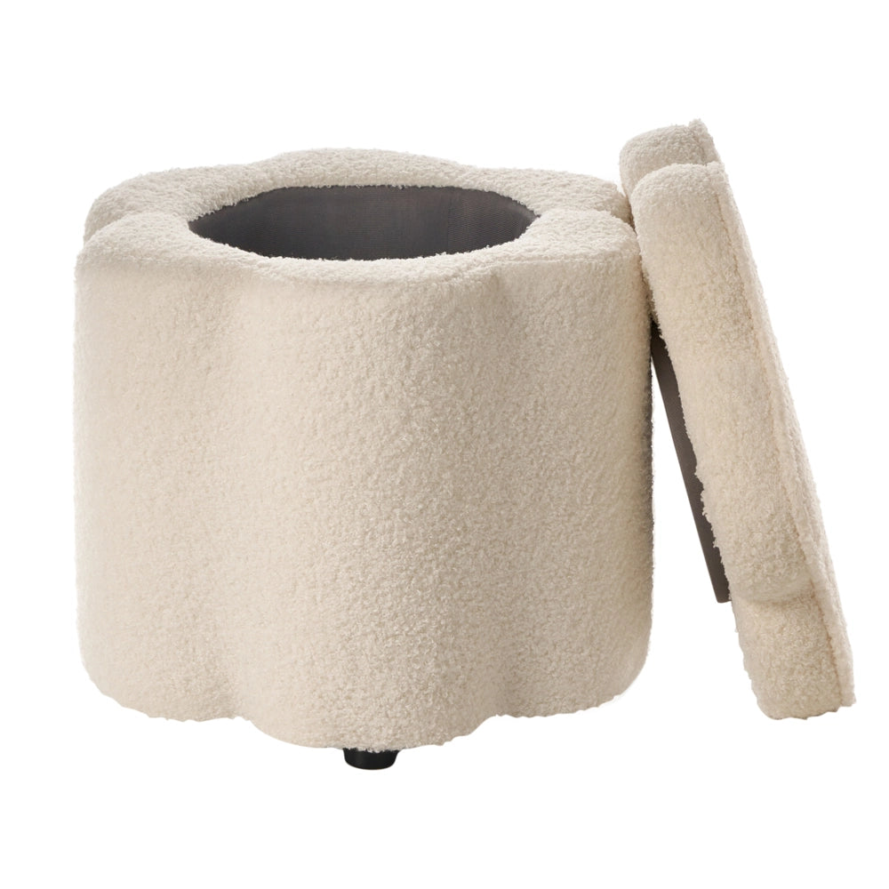 Pouf bianco sporco con rivestimento in bouclé, contenitore e motivo floreale, per soggiorno e camera da letto, stile scandinavo.