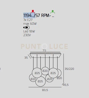 SOSP. CROMO 7 LUCI RETTANGOLARE VETRI (4 PICCOLI +3 MEDI) TUTTI AMBRA 1194CR-S7 RPM-AM
