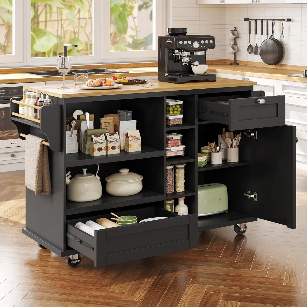 Carrello da Cucina con Cassetti e Ripiani ¨C MINIMAL ¨C Nero/Legno, 129x46x92 cm