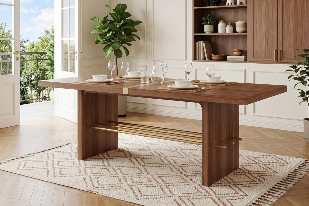 Tavolo da pranzo per 6-8 persone in MDF, piano spesso 4 cm, effetto noce e dettagli oro, per sala da pranzo, 180 × 75 cm