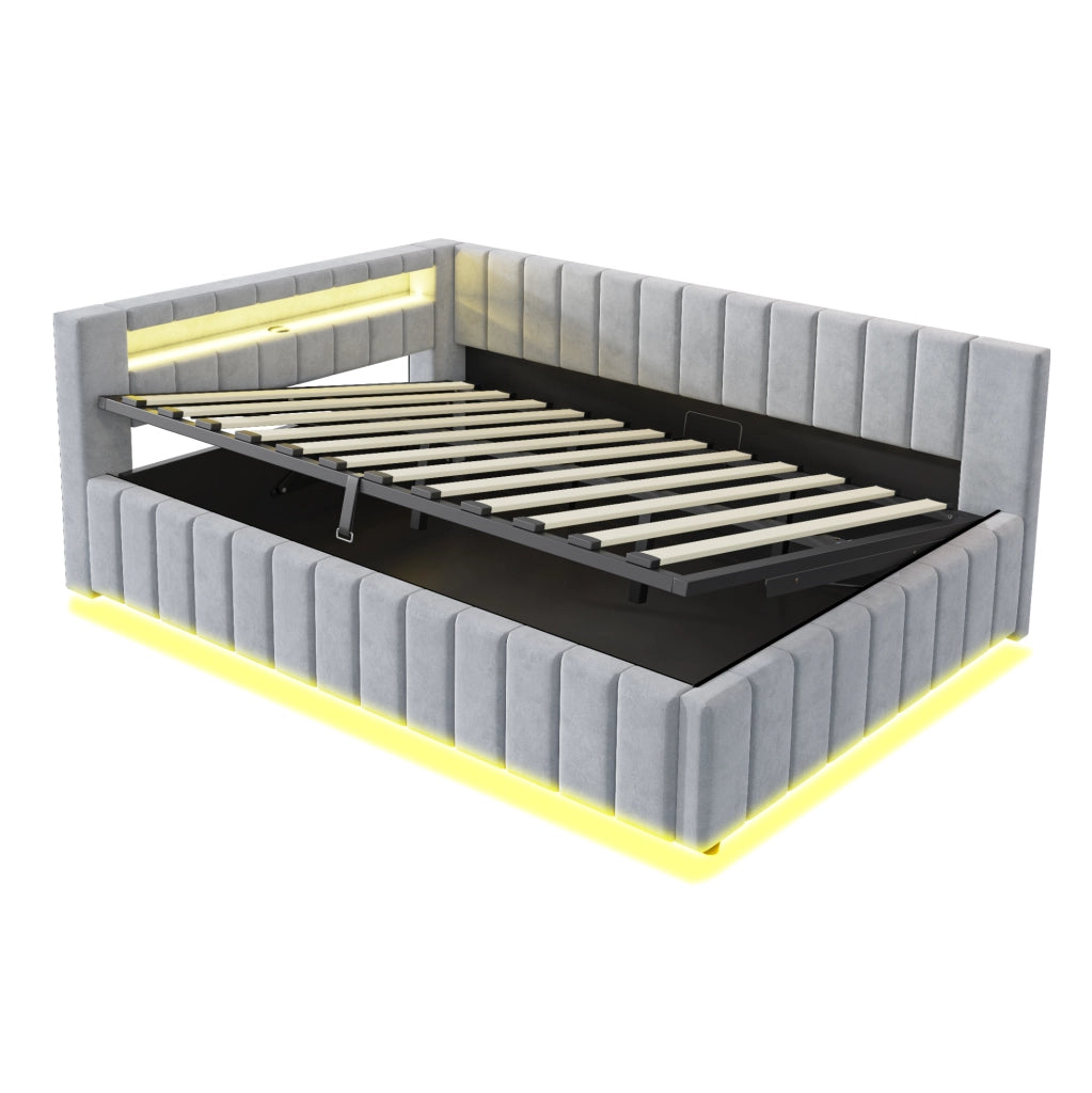 Letto imbottito 140x200 cm con contenitore idraulico; LED e USB; velluto grigio (Senza materasso)