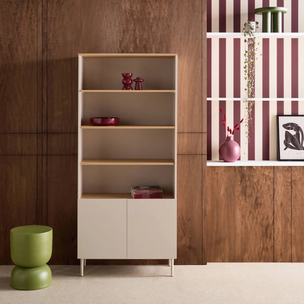 Libreria in metallo e decorazione in legno a 6 livelli, beige