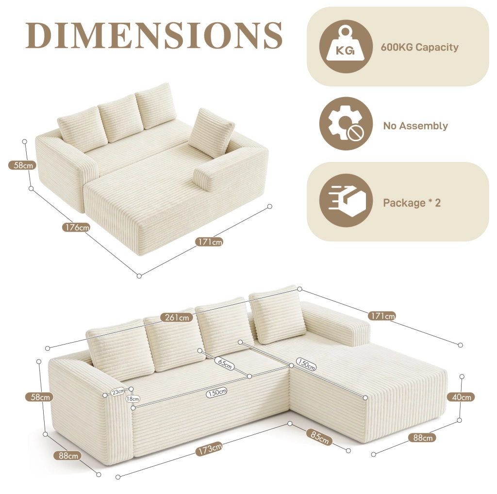 Divano modulare angolare a L con chaise; senza montaggio; beige in velluto a coste