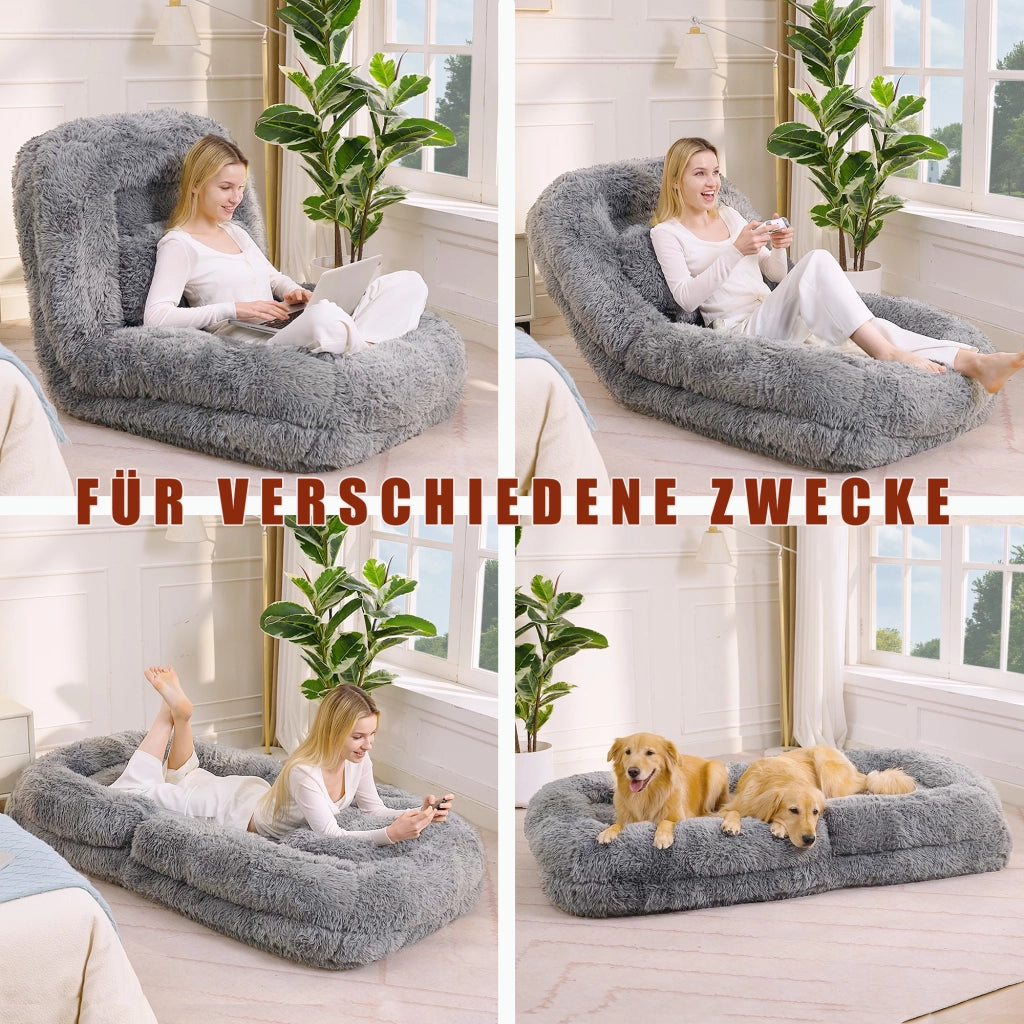Divano convertibile da pavimento con schienale regolabile a 5 posizioni e cuscino in tessuto peluche grigio chiaro