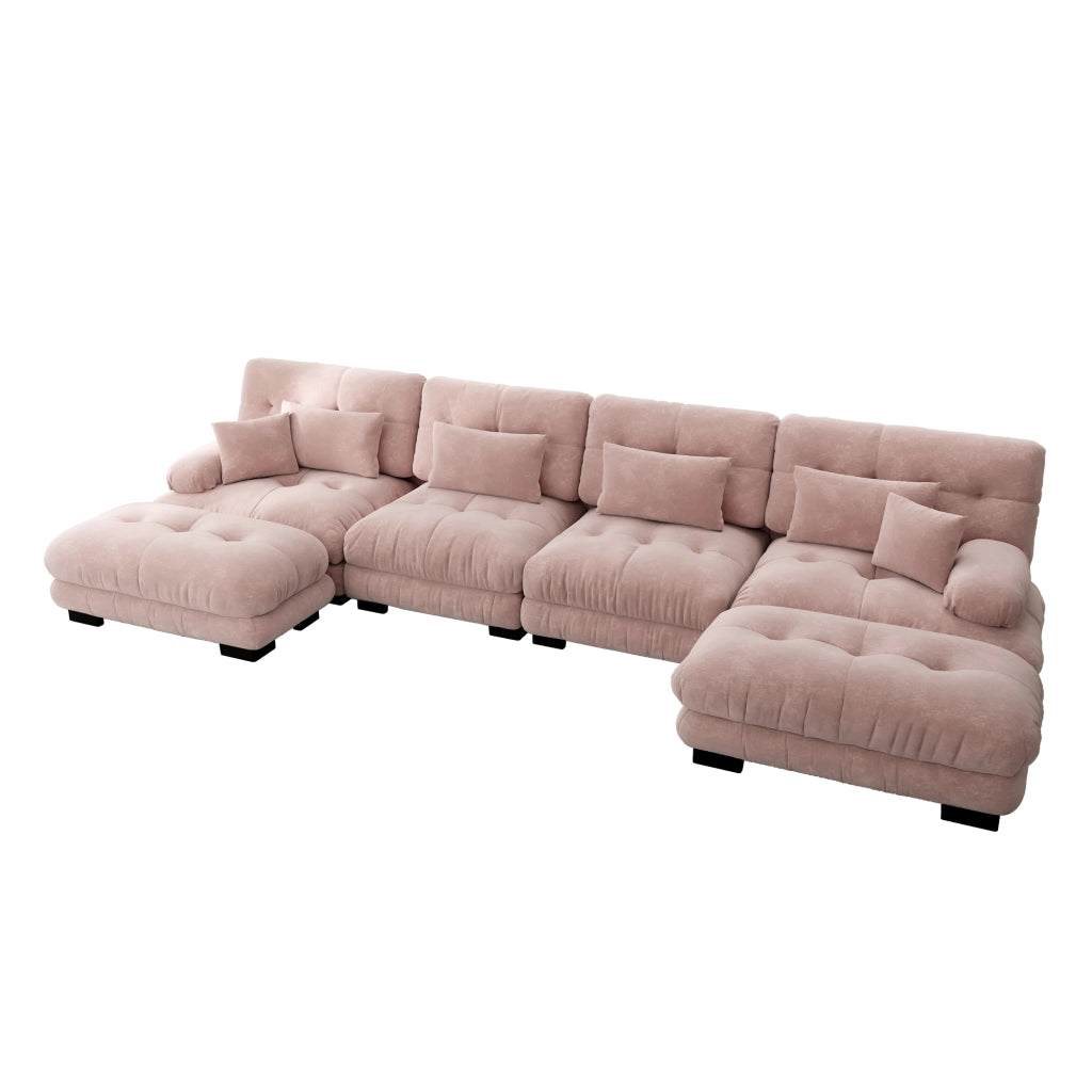 Divano modulare angolare a U con pouf mobile, cuscini e sedute effetto cloud in ciniglia vintage rosa per soggiorno