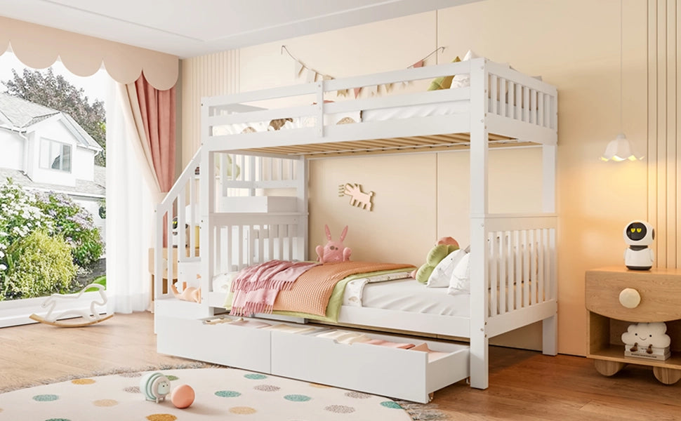 DESMIU Letto a castello per bambini 90 × 200 cm 1 posto con 2 cassetti, scaffale scala, senza materasso, in pino e MDF, bianco