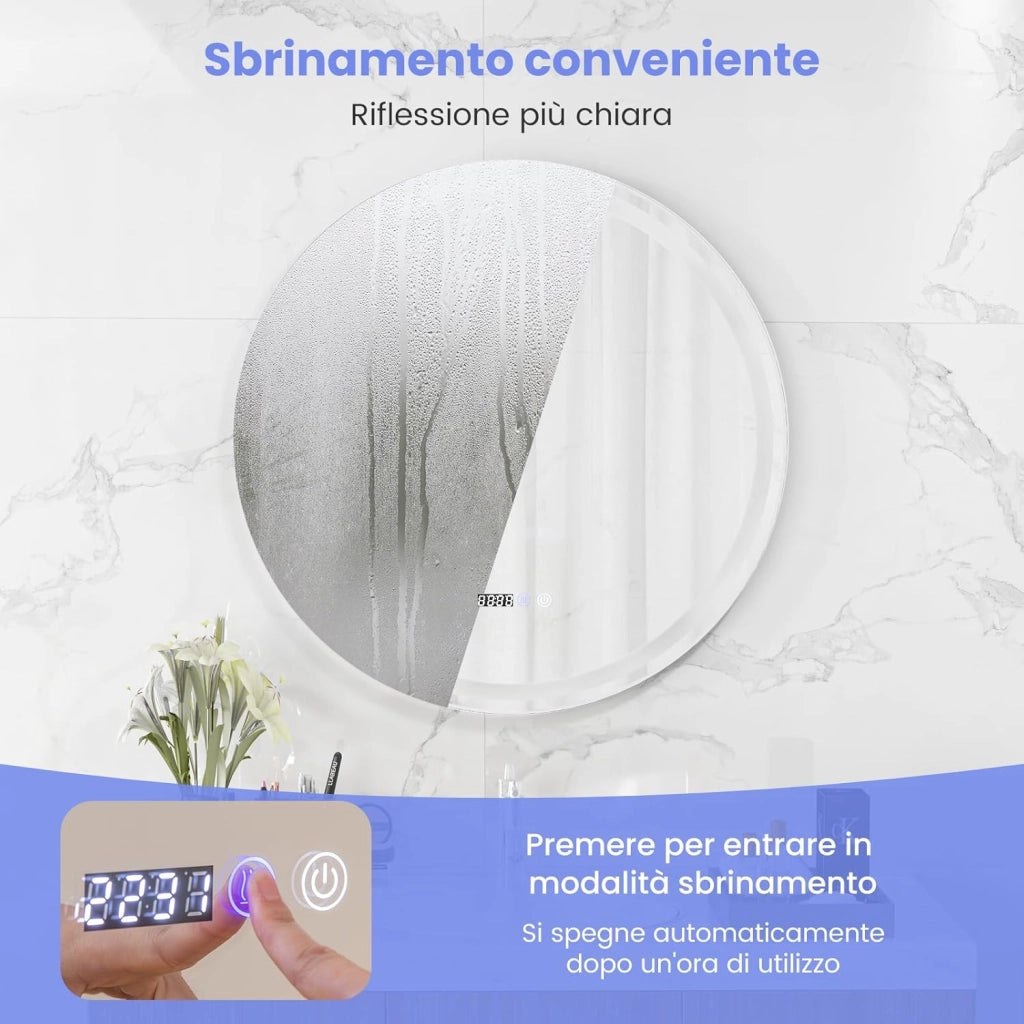 Specchio da Bagno Rotondo/Quadrato a LED, Specchio da Trucco da Parete Impermeabile con 3 Colori, 58/72 Luci, Schermo Tattile, Ideale per Bagno Soggiorno Camera da Letto (Rotondo)