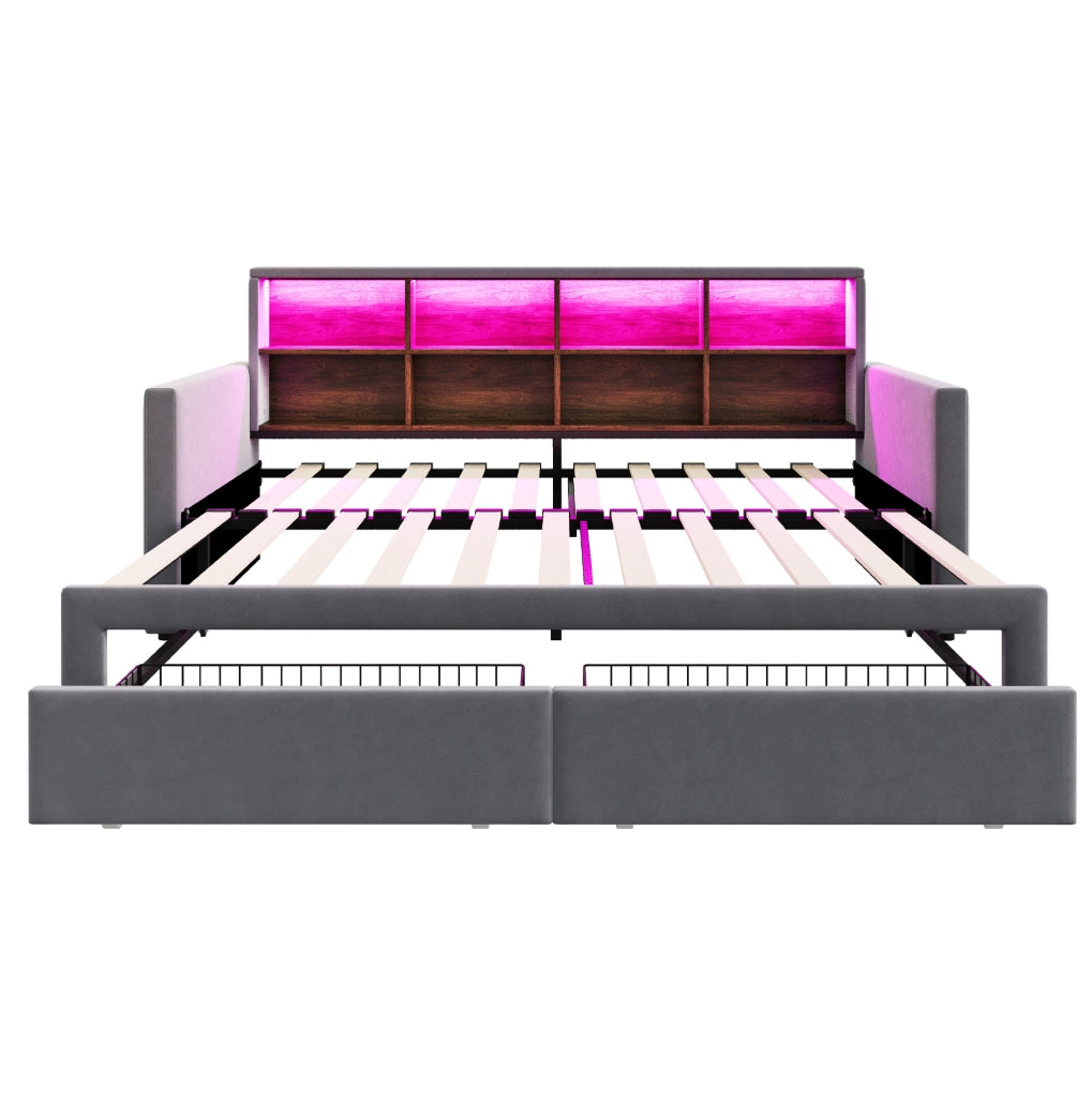 Letto imbottito estraibile 90x190 cm con LED, cassetti e USB-C in velluto grigio