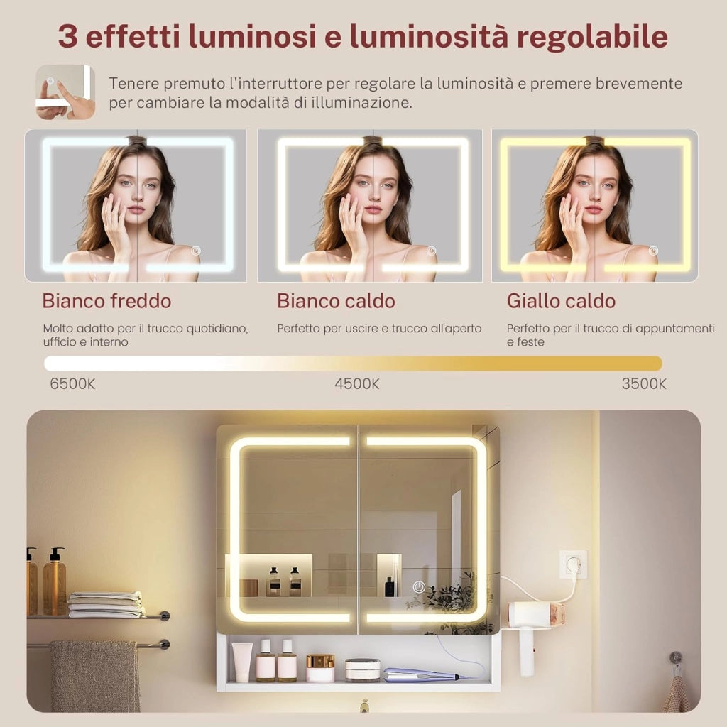 Specchio Bagno Contenitore con Luce LED e Presa Elettrica, Mobile Bagno a Specchio con 2 Ante e Gancio Asciugacapelli, 3 Temperature di Luce Dimmerabili a Touch, Ripiani Regolabili, Bianco