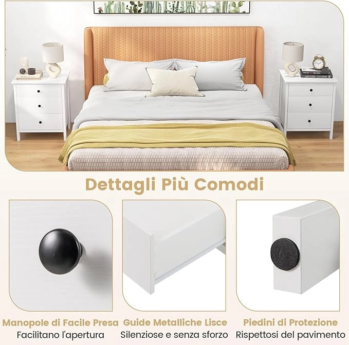 Comodino con 3 Cassetti 56 x 45 x 66 cm, Cassettiera da Letto, Tavolino Spazioso con Struttura Resistente, per Camera da Letto, Soggiorno e Ufficio (Bianco)