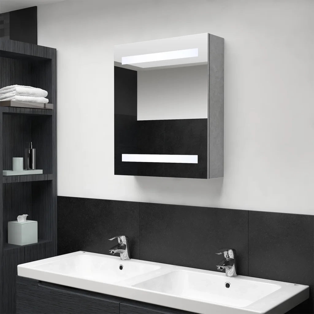 Armadietto Bagno | Armadio da bagno con Specchio e LED Grigio Cemento 50x14x60 cm