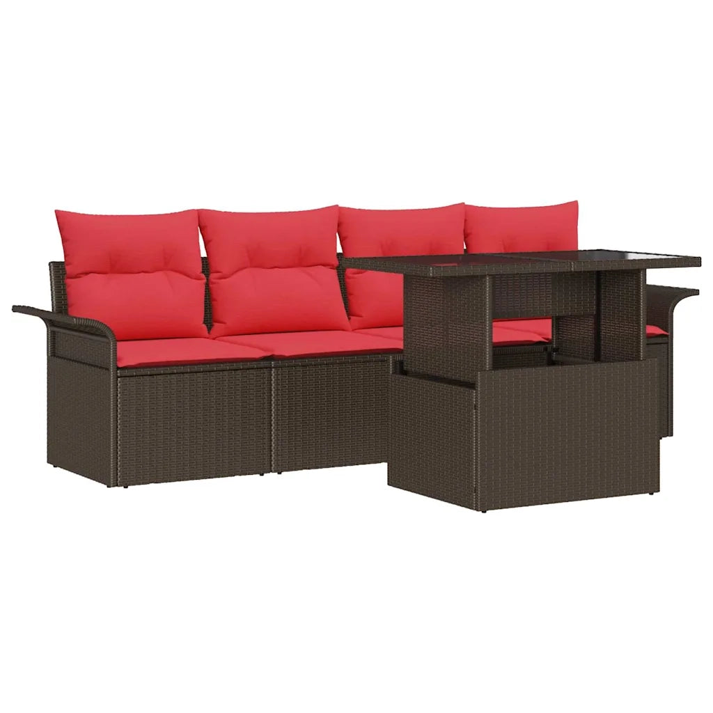 Set Divano da Giardino con cuscino 5 pcs Marrone Poly Rattan