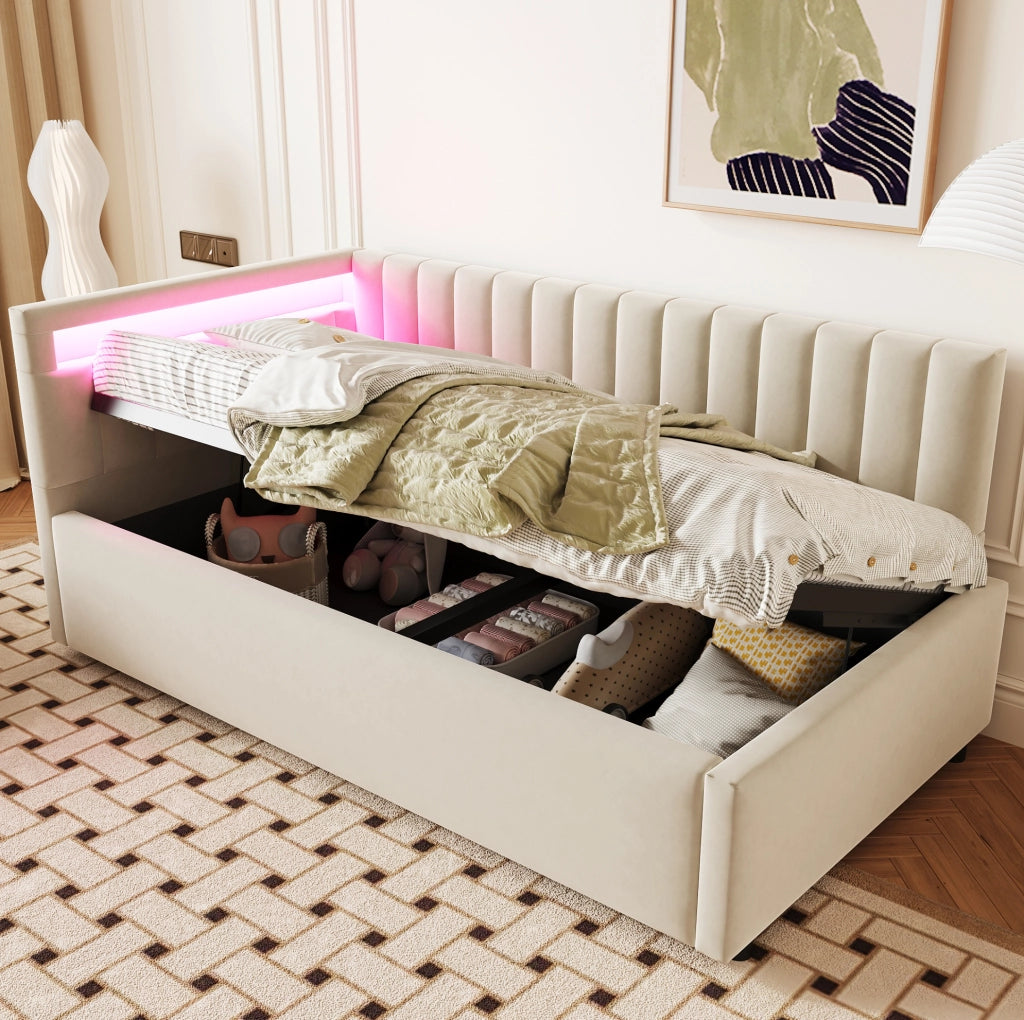 Letto imbottito 90x200 beige con LED, contenitore idraulico e rete a doghe