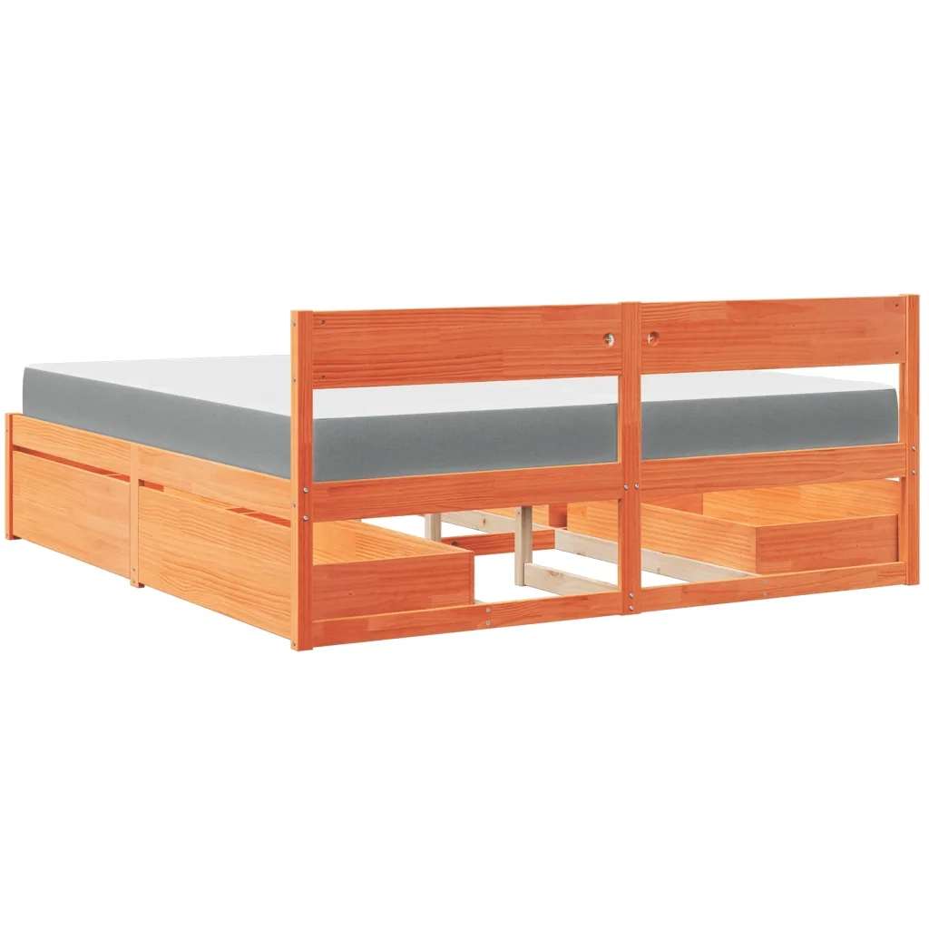 Letto Cassetti e Materasso Marrone Cera 200x200cm Massello Pino