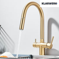 Jana | Rubinetto estensibile a 3 vie premium oro opaco | Rubinetto osmosi da cucina in acciaio inox |. Filtro 3 connessioni ad arco alto