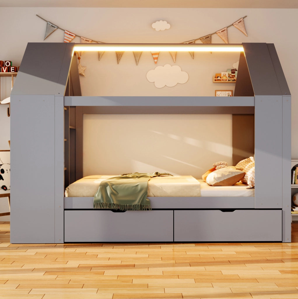 Letto a casetta per bambini 90x200 cm con 2 cassetti; LED e spazio contenitore; grigio