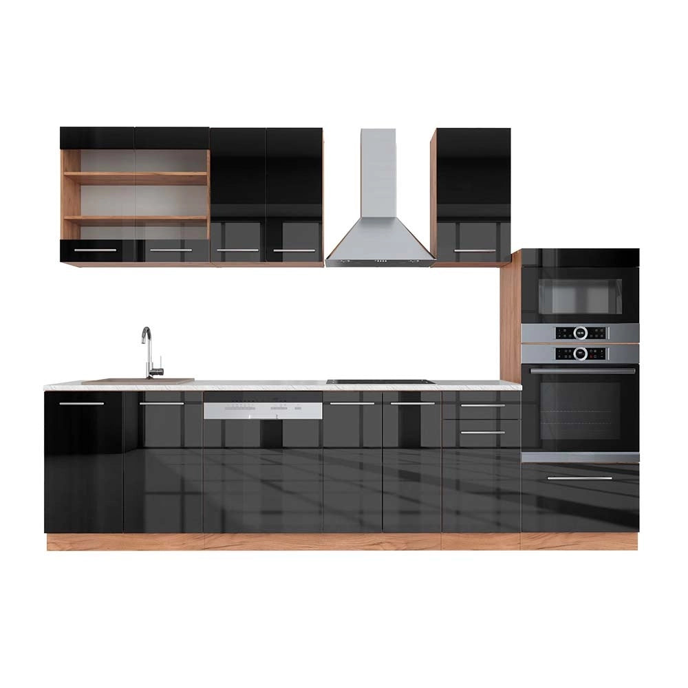Cucina componibile Fame-Line Antracite lucido/Rovere dorato 300 cm con armadio alto, PL Marmo Vicco